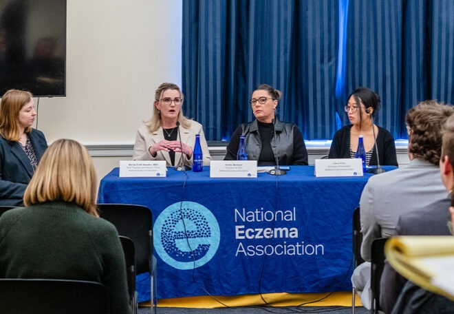 NEA staff Nora, Wendy and Kristin and NEA Ambassador Jiwon Park speak during NEA's first-ever Congressional Briefing on eczema