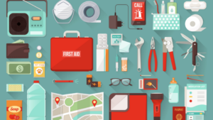 A drawing of an emergency kit, including survival tools like map, flashlight and duct tape.