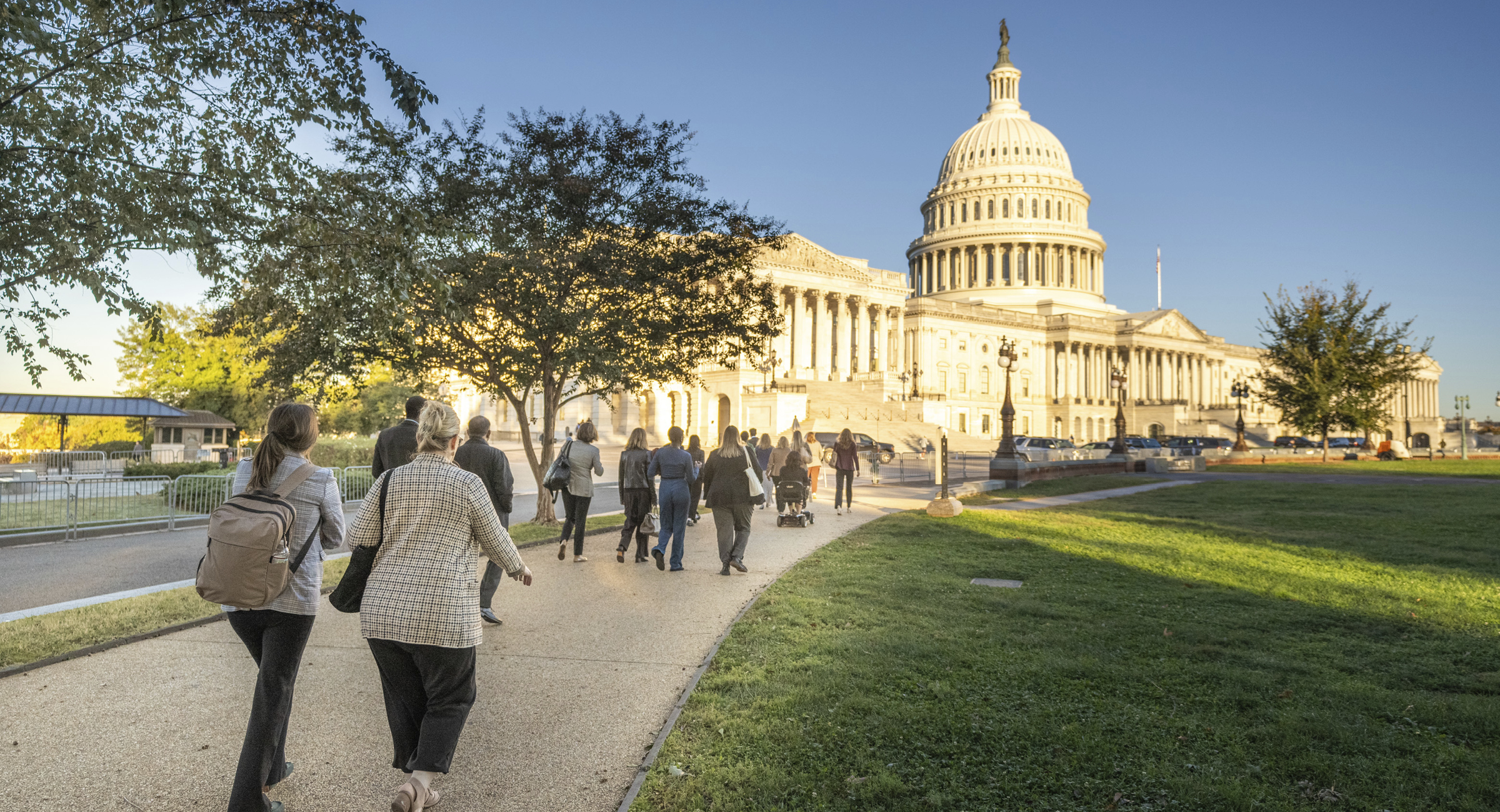 Group of NEA Ambassadors, staff and board members seen from behind, walking toward the U.S. Capitol building.